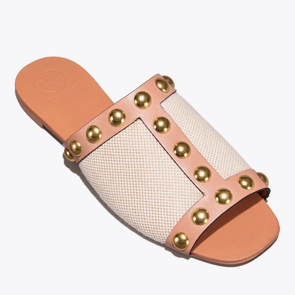 Tory Burch Blythe Slide Sandals, Women’s Size 6, Cream and Brown Studded Sandals